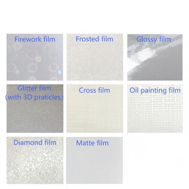 Firework film,Frosted film,Glossy film,Glitter film,Cross film,Oil painting film,Diamond film,Matte film