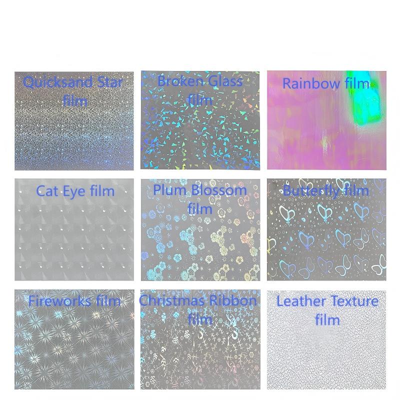 Quicksand Star film，Broken Glass film，Rainbow film，Cat Eye film，Plum Blossom film，Butterfly film，Fireowrks film，Christmas Ribbon film，Leather Texture film
