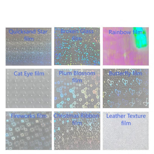Quicksand Star film，Broken Glass film，Rainbow film，Cat Eye film，Plum Blossom film，Butterfly film，Fireowrks film，Christmas Ribbon film，Leather Texture film